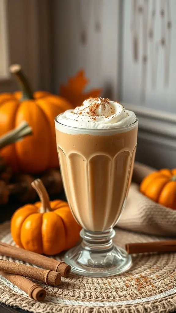 A creamy pumpkin spice smoothie topped with whipped cream and cinnamon, surrounded by small pumpkins and cinnamon sticks.