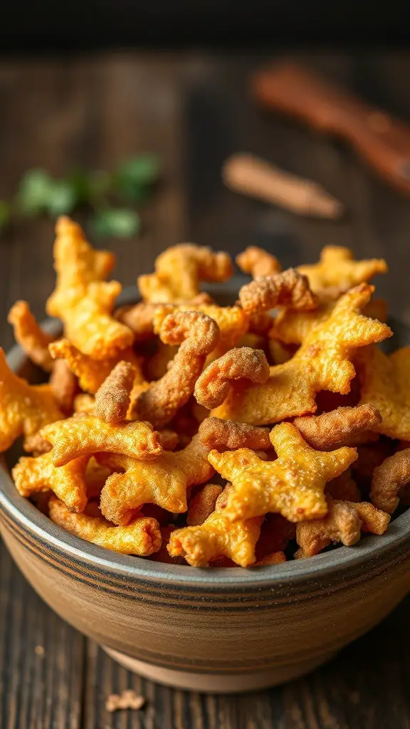 A bowl of star-shaped pork rinds, golden and crispy.