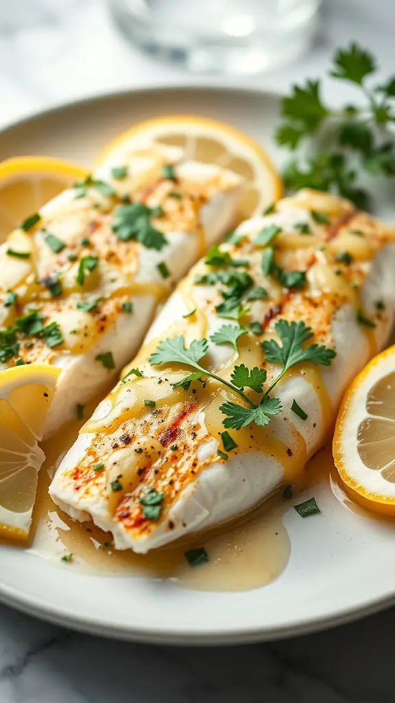 Baked fish fillets with garlic, parsley, and lemon slices on a plate.