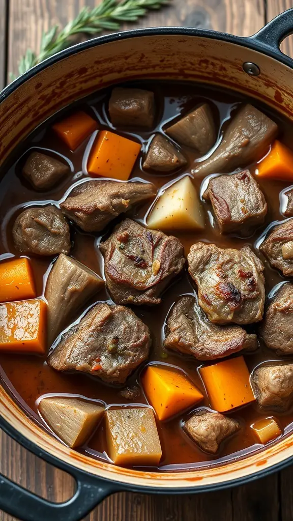 A pot of lamb and vegetable stew with chunks of lamb, potatoes, and carrots.