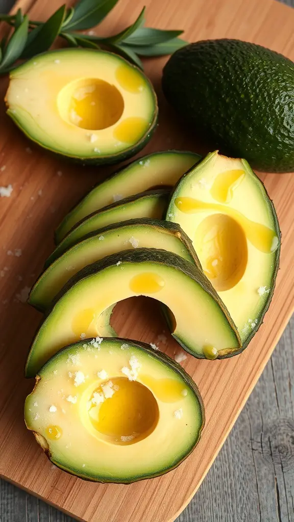 Sliced avocado on a wooden board with sea salt and olive oil