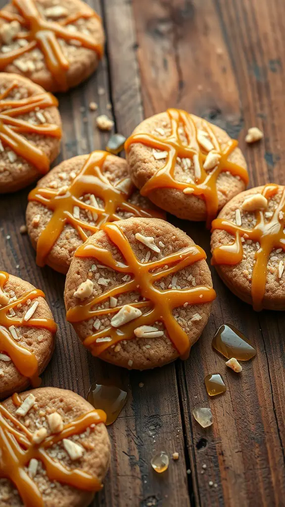 Maple toffee cookies with caramel drizzle on a wooden surface
