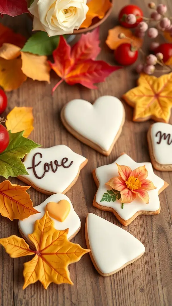 Decorative seasonal engagement cookies with autumn leaves and flowers