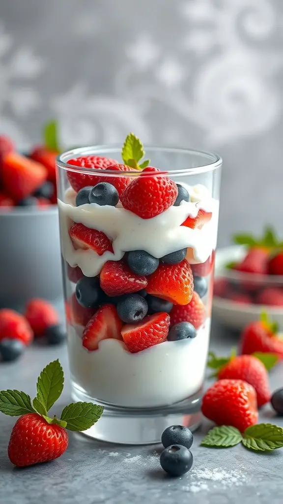 A glass of Berry Greek Yogurt Parfait with layers of yogurt, strawberries, and blueberries, garnished with mint.