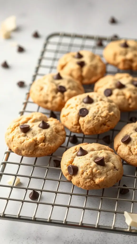 A tray of freshly baked coconut flour cookies with chocolate chips.