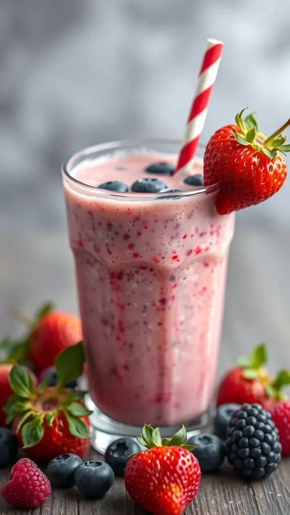 A refreshing berry smoothie in a glass with a striped straw, surrounded by fresh berries.