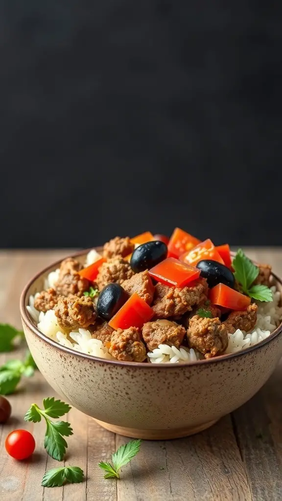 A Mediterranean-style rice bowl with ground beef, tomatoes, olives, and parsley.