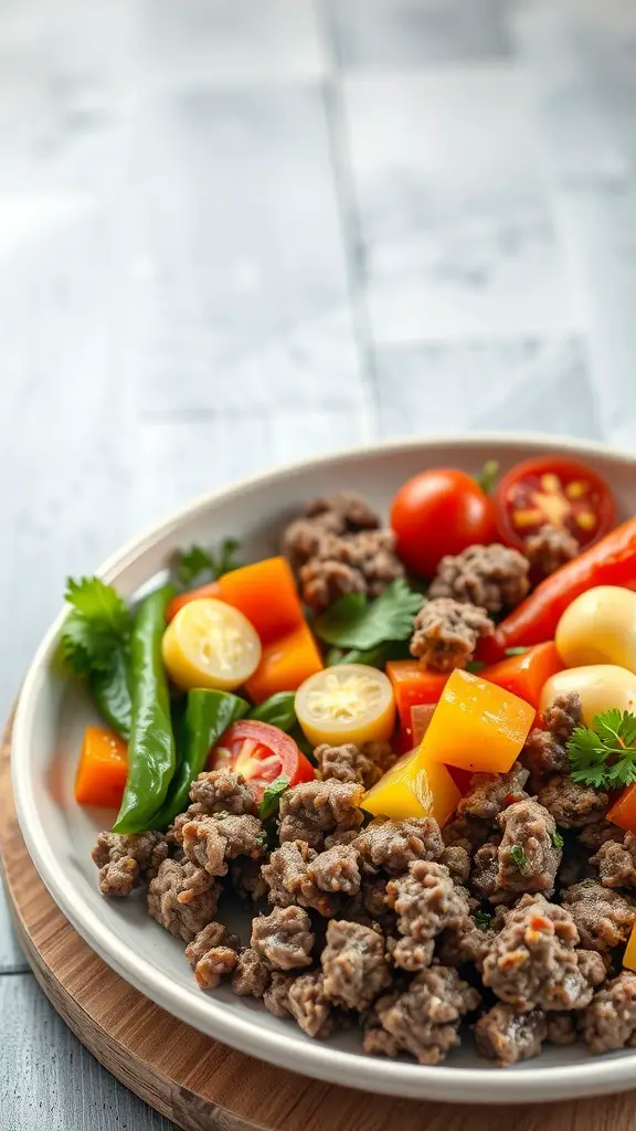 A plate of Mediterranean ground beef stir fry with colorful vegetables.