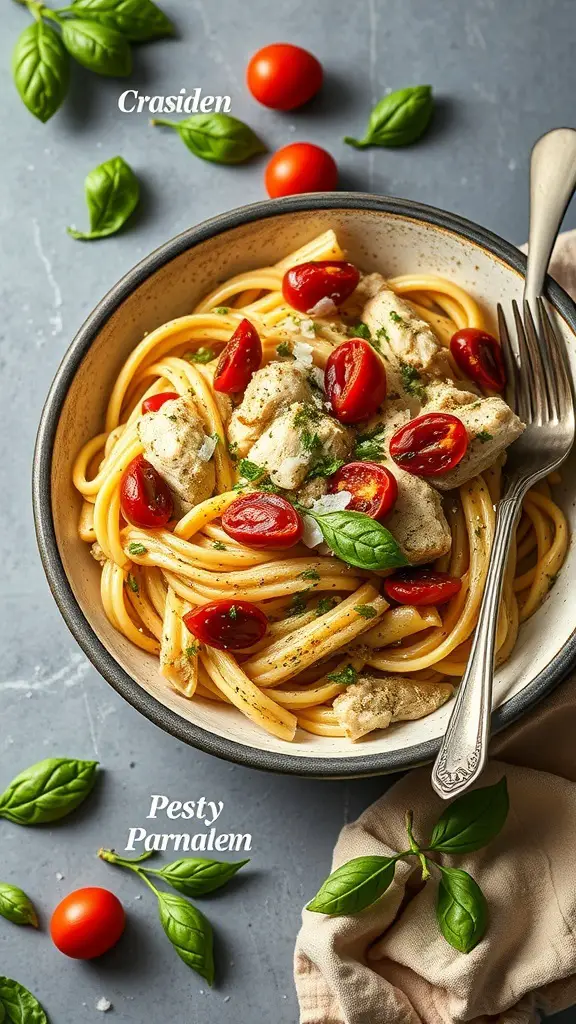A bowl of pesto chicken pasta with cherry tomatoes and fresh basil.