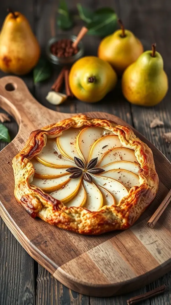 A spiced pear galette on a wooden cutting board, surrounded by fresh pears and cinnamon sticks.