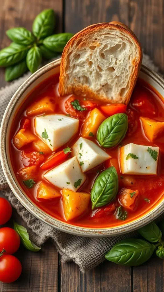 A bowl of Tomato Basil White Fish Stew with a slice of bread and fresh basil leaves
