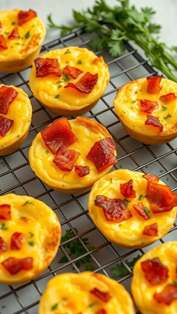 Cheesy egg muffins topped with crispy bacon on a cooling rack.