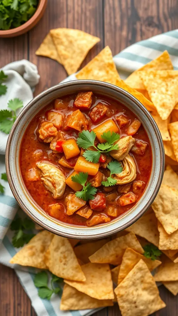 A bowl of Chipotle Chicken Chili with tortilla chips