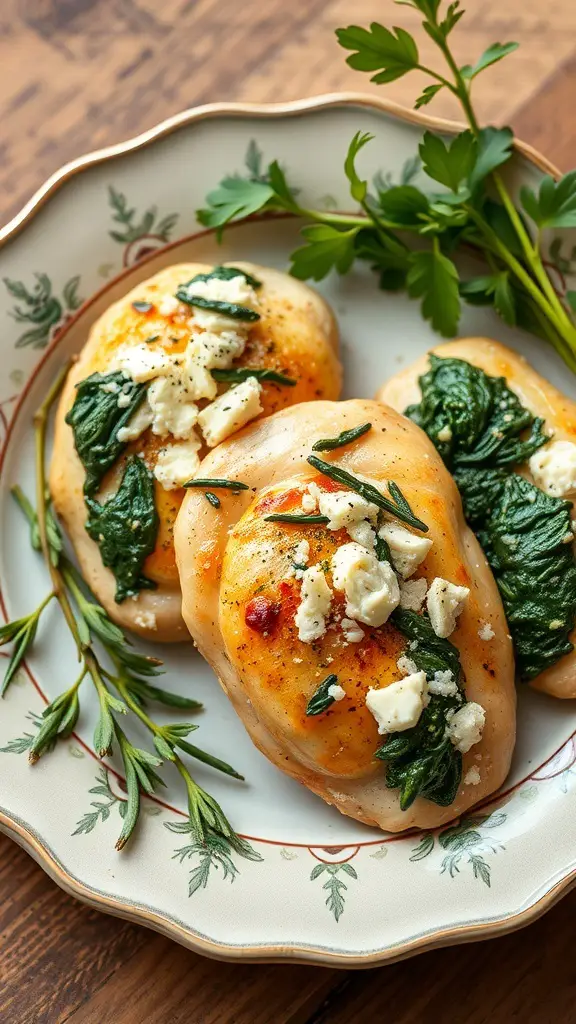 Stuffed chicken breasts with spinach and feta on a decorative plate
