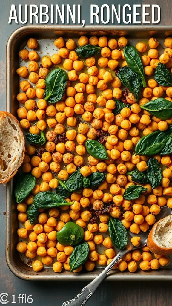A sheet pan filled with roasted chickpeas and fresh spinach, with a piece of bread on the side.