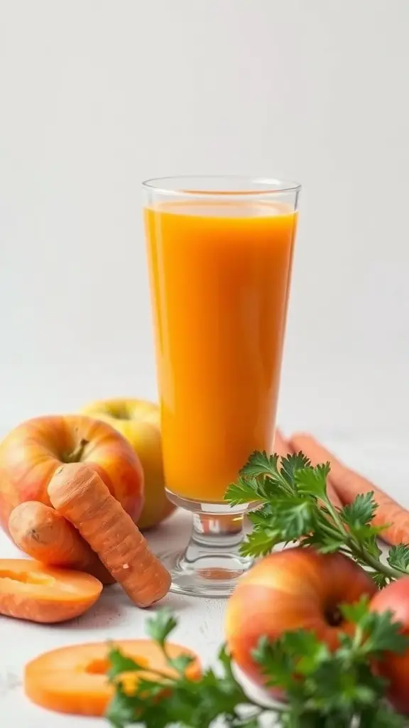 A glass of orange juice surrounded by fresh apples, carrots, and parsley.