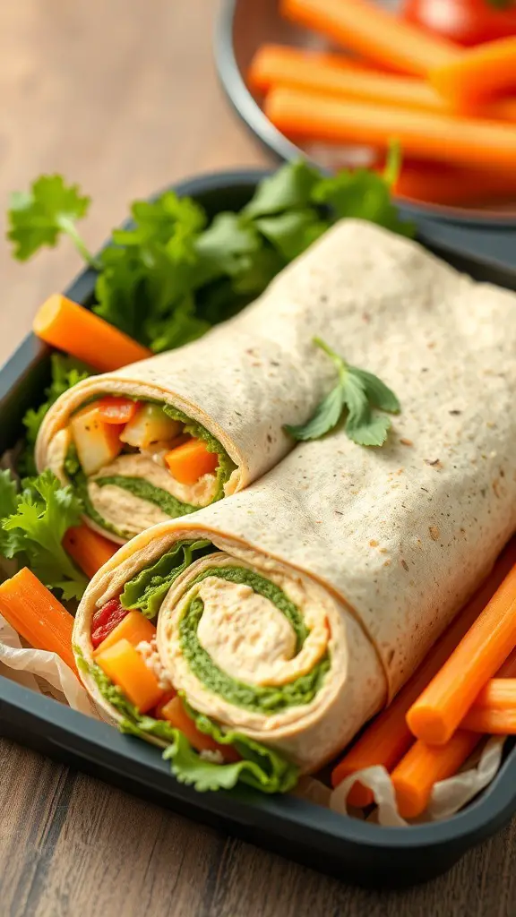 Veggie hummus wraps with fresh vegetables and carrot sticks