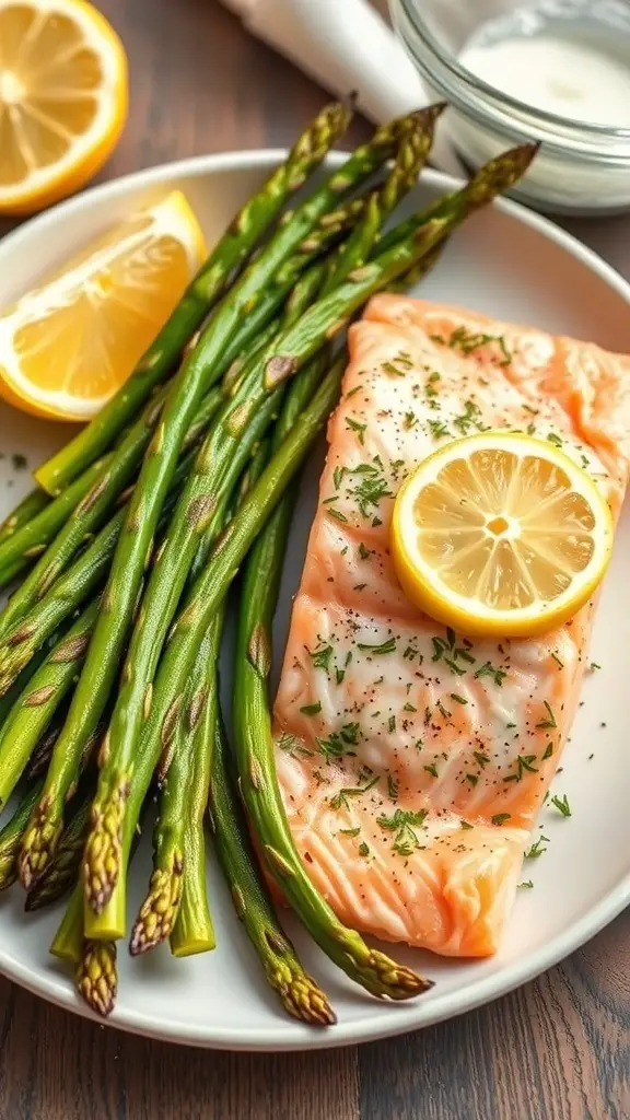 A plate of Lemon-Dill Salmon with Asparagus, garnished with lemon slices.