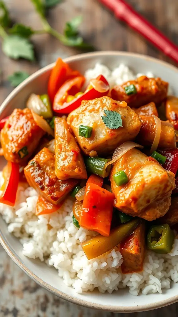 A delicious plate of sweet and sour catfish stir-fry served over rice, featuring colorful bell peppers and fresh herbs.