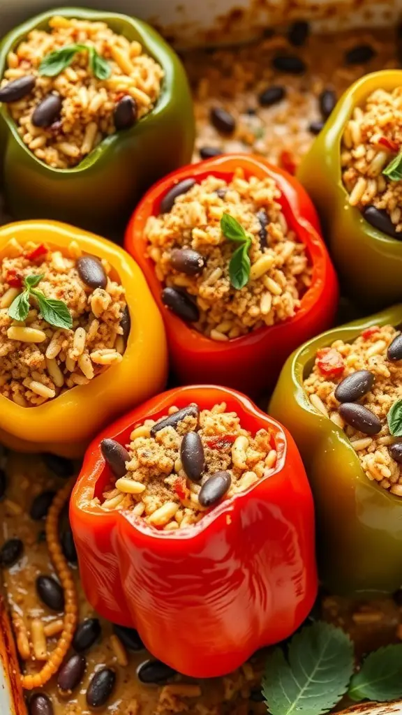 Colorful stuffed bell peppers filled with rice and beans, ready to be served.
