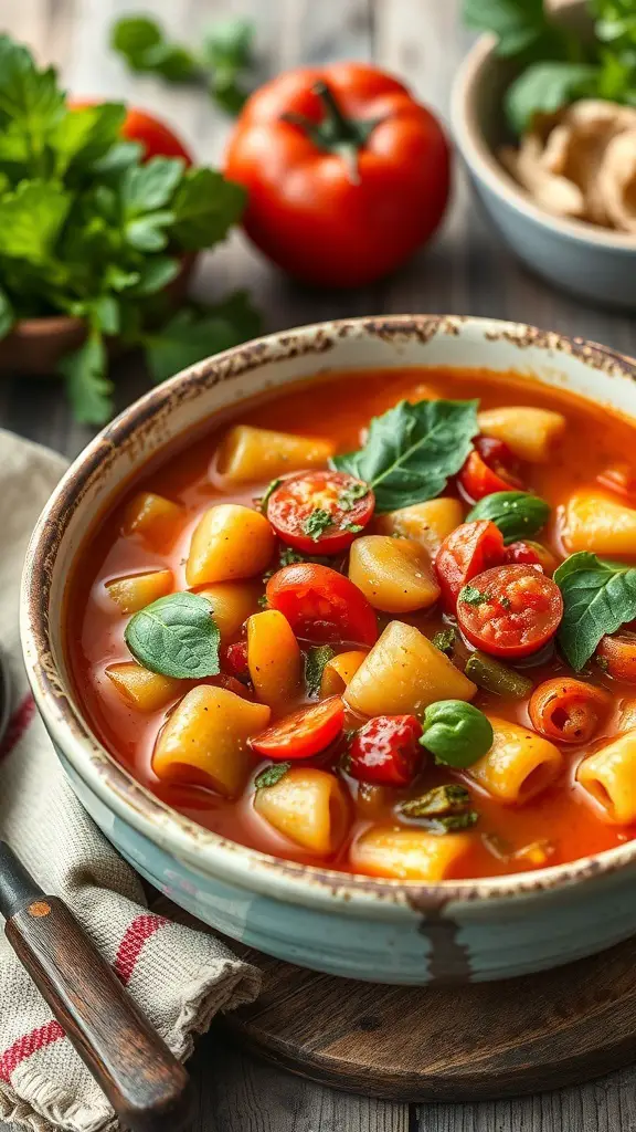 A bowl of hearty Italian minestrone soup with pasta, tomatoes, and fresh basil.