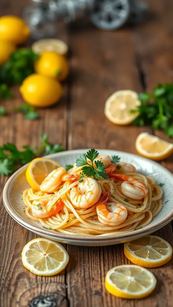 A plate of lemon garlic shrimp pasta garnished with parsley and lemon slices.