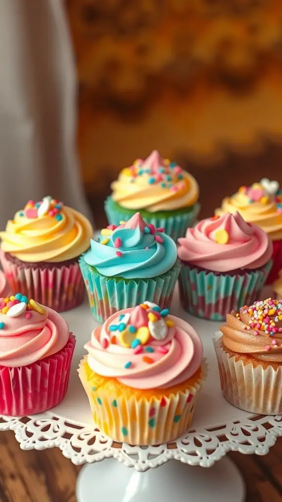A colorful assortment of cupcakes with various frosting colors and sprinkles on a decorative stand.