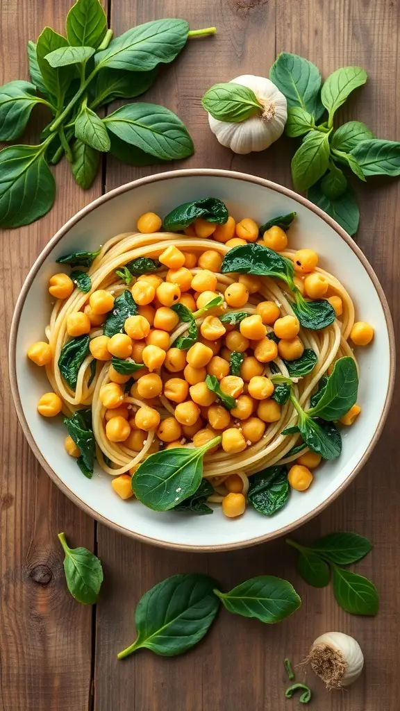 A bowl of chickpea pasta with spinach, garlic, and fresh herbs on a wooden table.