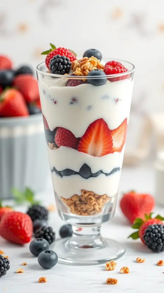 A delicious Greek yogurt parfait with layers of yogurt, granola, and mixed berries.