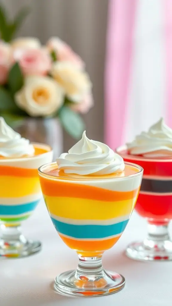 Colorful jello cups with whipped cream on top, displayed at a baby shower.