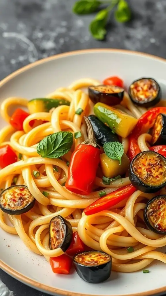 A plate of fettuccine pasta topped with roasted vegetables including bell peppers and eggplant.