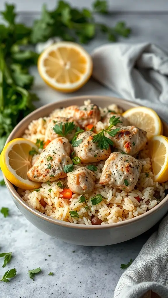 A bowl of Mediterranean chicken and rice garnished with lemon slices and fresh herbs.