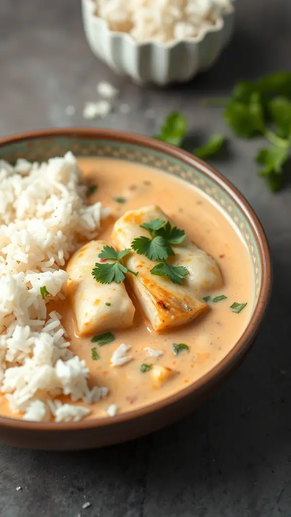 A bowl of tilapia curry with coconut milk and rice, garnished with cilantro.