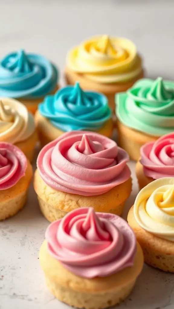 Colorful buttercream frosted cupcakes with swirls of frosting