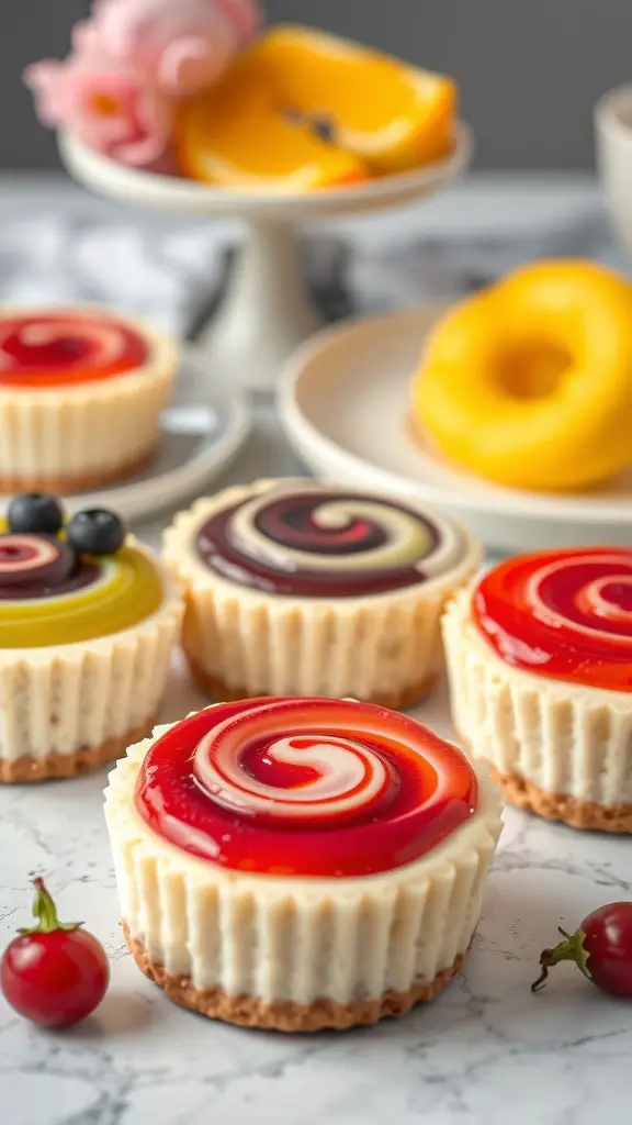 Mini cheesecakes with colorful fruit puree swirls, displayed on a marble surface.