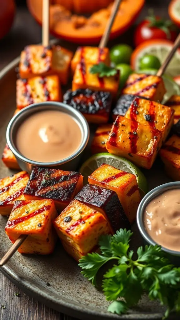 Delicious smoked paprika cod skewers on a plate with dipping sauce and fresh garnishes.