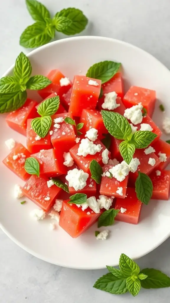 A plate of watermelon cubes topped with feta cheese and mint leaves.