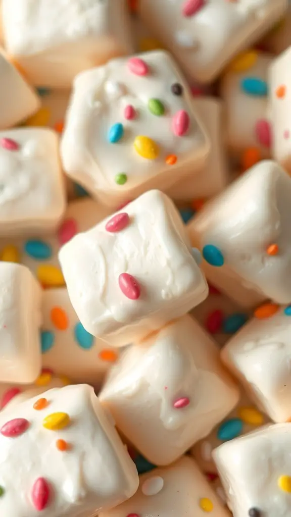 Colorful white chocolate-covered marshmallows with sprinkles