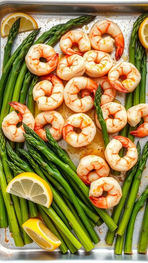 A sheet pan filled with garlic shrimp and asparagus, garnished with lemon slices.