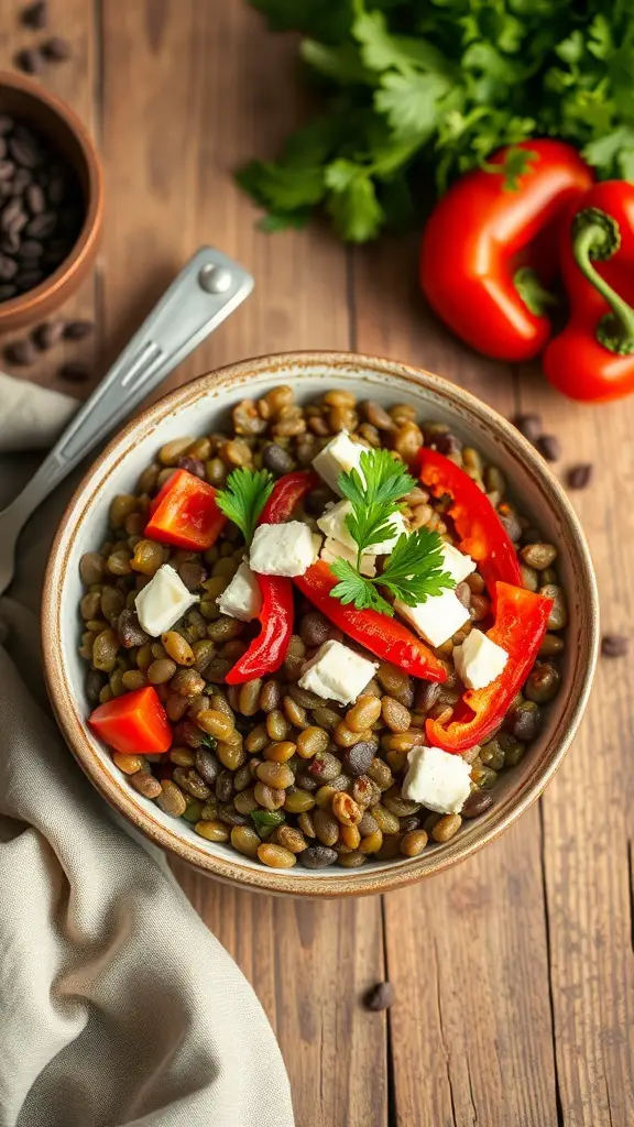 A Mediterranean Lentil Bowl with lentils, red peppers, feta cheese, and fresh herbs.