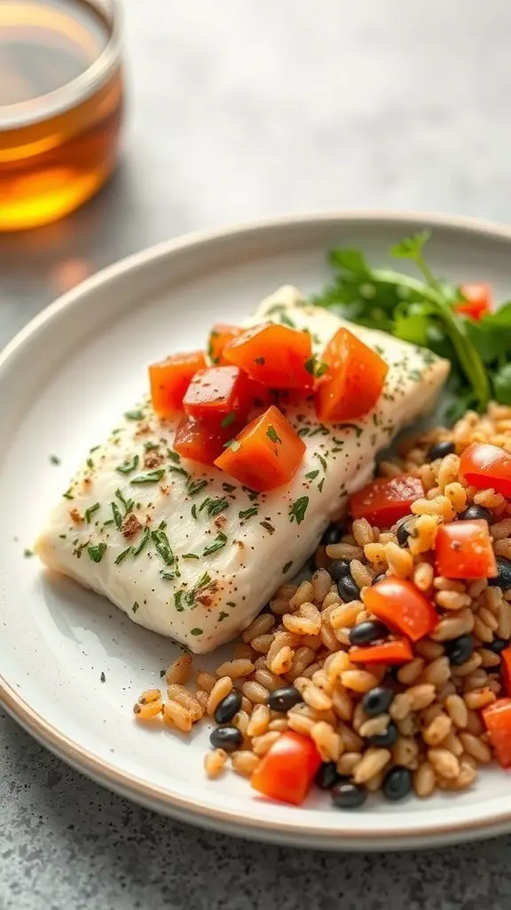 A plate of herb-crusted cod topped with tomato salsa, served with a side of grains and black beans.