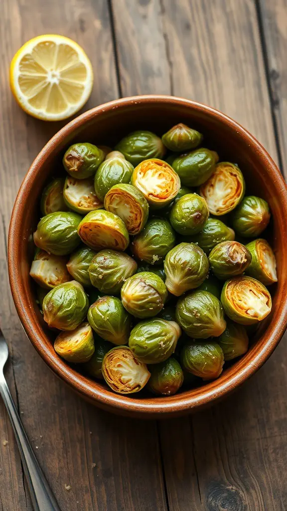 A bowl of roasted Brussels sprouts with a lemon half on the side.