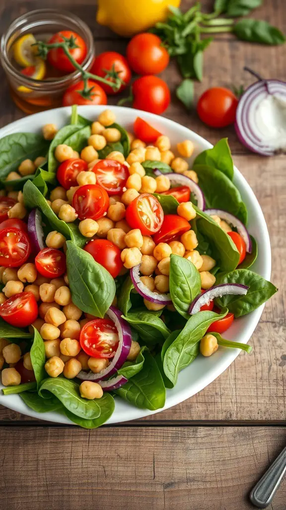 A bowl of chickpea and spinach salad with cherry tomatoes and red onion