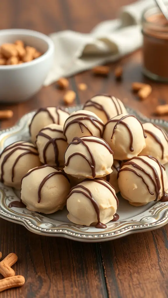 Plate of Peanut Butter Fluff Fat Bombs drizzled with chocolate