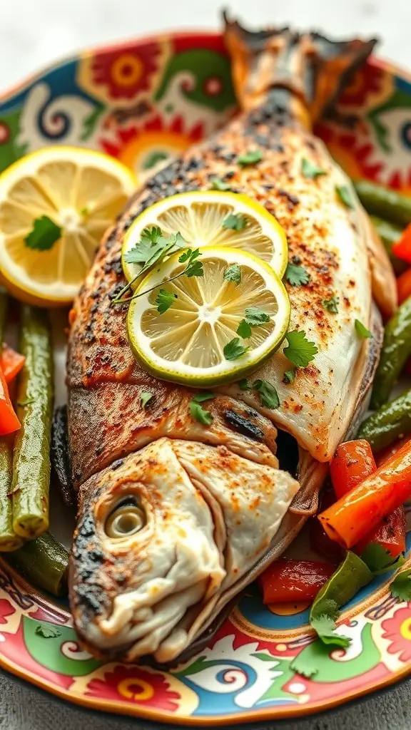 A whole baked fish garnished with lime slices and cilantro, served with colorful vegetables on a decorative plate.