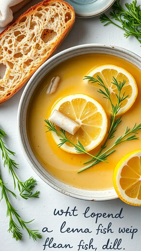 A bowl of lemon and dill fish soup with lemon slices and fresh herbs, accompanied by a slice of bread.