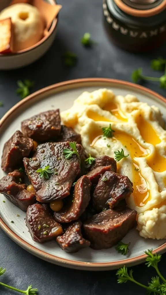 A plate of beef served with creamy cauliflower mash, garnished with herbs.