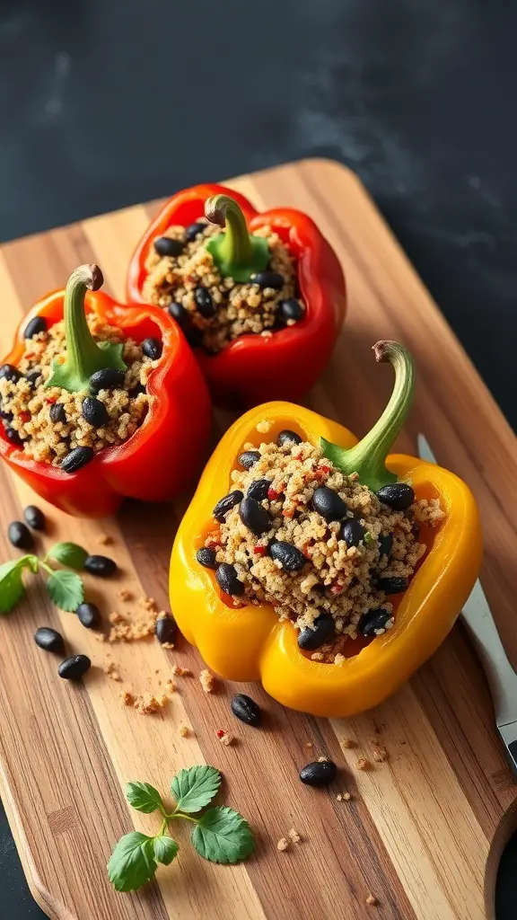 Stuffed bell peppers filled with quinoa and black beans on a wooden cutting board.