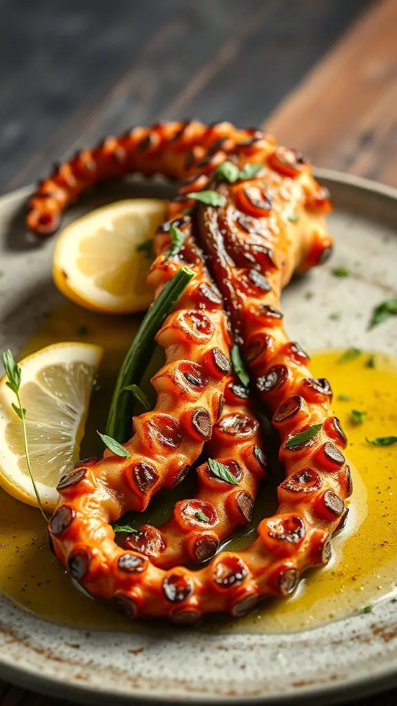 Grilled octopus served with lemon and herbs on a plate