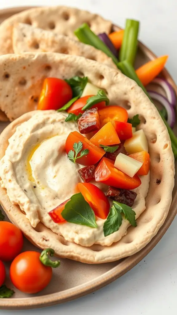 Whole grain pita filled with hummus and assorted fresh vegetables